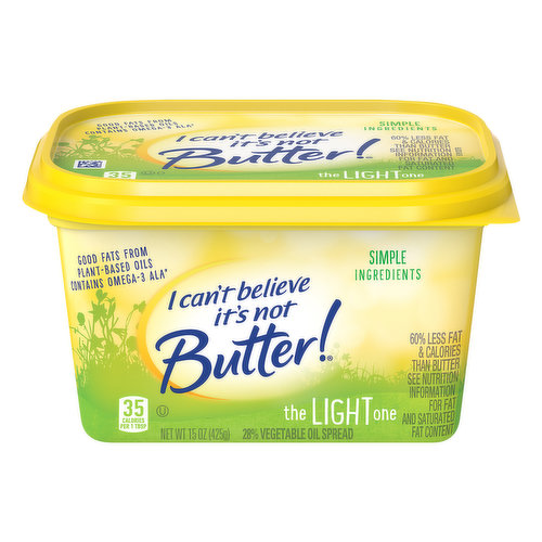 35 calories per 1 tbsp. 0 g trans fat per serving. Per Serving; Calories (ICBINB! Light) 35; Butter 100. Per Serving; Sat fat (ICBINB! Light) 1 g; Butter 7 g. Gluten free. Good fats from plant - based oils contains Omega-3 AlA (60% less fat & calories than butter see nutrition information for fat and saturated fat content). No partially hydrogenated oils.  Simple ingredients. The light one. Upfield. 28% Vegetable oil spread icantbeliveitsnotbutter.com. how2recycle.info. SmartLabel. For questions and comments, please visit icantbeliveitsnotbutter.com. For recipes and to learn about what we're made of, visit us at www.icantbelieveitsnotbutter.com I Can't Believe It's Not Butter! is committed to sustainable palm oil. For more information see www.icantbelieveitsnotbutter.com