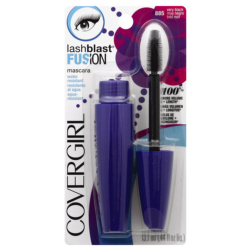100% more volume + length (vs. bare lashes). Use LashBlast Fusion to get a blast of volume plus incredible length! It's a perfect fusion of LashBlast's super-volumizing biggest brush and a buildable fiber-stretch lengthening formula that work together for incredibly long, dense-looking lashes! And it's available in water resistant! covergirl.com. Made in USA of US & imported parts.