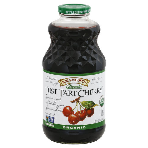 Premium organic red tart cherry juice from concentrate. Unsweetened. Pasteurized for your safety. Producing fruit juices with integrity, craftsmanship, and innovation since 1961. USDA organic. 140 calories per 8 fl oz. Non GMO Project verified. nongmoproject.org. Contains 100% juice. www.rwknudsenfamily.com. Certified organic by Quality Assurance International. In 1961, R.W. Knudsen started bottling fruit juice from his grape vineyard on one condition - he insisted his juices never contain artificial flavors or preservatives. Little did R.W. Knudsen know he was starting a tradition of innovation. Today our wide variety of products are made with all the care and commitment to quality for which R.W. Knudsen Family is famous. Producing fruit juices and fruit products with integrity, craftsmanship, and innovation - a balance we think you'll find refreshing! - The Knudson Family. Glass recycles. Made with the finest all-natural ingredients. No preservatives and no artificial flavors - for goodness sake! Each 8 fl oz cup provides a 1 cup serving of fruit (Serving information based on USDA's MyPlate (www.ChooseMyPlate.gov).