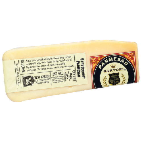Reserve: Ask a pear or walnut which cheese they prefer and they’ll say, One that’s fruity, with hints of lightly roasted caramel, aged to crumbly perfection. In other words, our finest Parmesan. Cheese aged at least 20 months. rBST Free: No significant difference has been found in milk from cows treated with artificial hormones. Aged at least 20 months. The Sartori family is dedicated to making the best cheese in the world. We thank our great dairy-farming families in Wisconsin for sharing their premium milk with our expert cheesemakers since 1939.