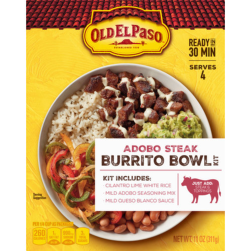 Per 1/4 Cup As Packaged: 260 Calories; 1 g sat fat (6%DV); 990 mg sodium (43%DV); 3 g total sugars. Contains bioengineered food ingredients. Established 1938. Serves 4. Kit Including: Cilantro lime white rice. Mild adobo seasoning mix. Mild queso blanco sauce. Just Add: Steak & toppings. www.OldELPaso.com. Ask.GeneralMills.com. how2recycle.info. Questions or comments? call 1-800-300-8664 information from the package will be helpful. To get inspired, visit us at: www.OldELPaso.com. Learn more at Ask.GeneralMills.com. Box Tops For Education: No more clipping, Scan your receipt. See how at btfe.com. how2recycle.info.