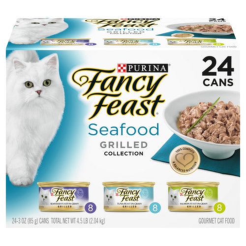 Grilled Seafood Feast in Gravy Calorie Content (calculated)(ME): 833 kcal/kg; 71 kcal/can. Fancy Feast Grilled Seafood Feast In Gravy, Fancy feast grilled tuna feast in gravy feast grilled salmon feast in gravy are formulated to meet the nutritional levels established by the AAFCO Cat Food Nutrient Profiles for all life stages. Grilled Tuna Feast in Gravy Calorie Content (calculated): 823 kcal/kg; 70 kcal/can. Fancy Feast Grilled Seafood Feast In Gravy, Fancy feast grilled tuna feast in gravy feast grilled salmon feast in gravy are formulated to meet the nutritional levels established by the AAFCO Cat Food Nutrient Profiles for all life stages. Grilled Salmon Feast in Gravy Calorie Content (calculated)(ME): 824 kcal/kg; 70 kcal/can. Fancy Feast Grilled Seafood Feast In Gravy, Fancy feast grilled tuna feast in gravy feast grilled salmon feast in gravy are formulated to meet the nutritional levels established by the AAFCO Cat Food Nutrient Profiles for all life stages. 8 cans grilled seafood feast in gravy. 8 cans grilled tuna feast in gravy. 8 cans grilled salmon feast in gravy. 100% Complete & Balanced nutrition. Tender grilled cuts slow cooked in gravy. Dolphin safe. Your Pet, Our Passion. The Purina Promise. Pets are our passion. Safety is our promise. Progress is our pledge. Follow us at Purina.com. Purina.com. how2recycle.info. Twitter. Facebook. We're listening. Visit us online at Purina.com or call 1-800-933-0991. Every ingredient has a purpose. FancyFeast.com/Ingredients. Printed in USA. Crafted in USA facilities.
