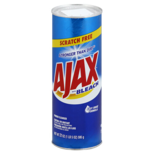 Scratch free. Stronger than dirt. Easy rinse formula. The Ajax Promise: Why pay more? Powerful cleaning. Great value. Satisfaction guaranteed or your money back. Save Water: www.colgate.com/savewater. www.ajax.com. Contains no phosphates. Canister 100% recycled paperboard (80% post-consumer). Top and bottom lids 50% post-consumer recycled aluminum.