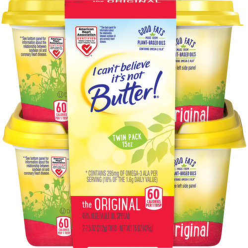 60 calories per 1 tbsp. Per Serving: Calories: ICBINB! Original; 60; Butter; 100. Sat. Fat: 2 g; 7 g. 0 g trans fat per serving (See nutrition information for fat and saturated content. Total fat is 6 g per serving). American Heart Association Certified Meets Criteria for Heart-Healthy Food. See back panel for information about for information about the relationship between soybean oil and coronary heart disease (Supportive but not conclusive scientific evidence suggests that eating about 1-1/2 tablespoons (20.5 g) daily of soybean oil, which contains unsaturated fat, may reduce the risk of coronary heart disease. To achieve this possible benefit, soybean oil is to replace saturated fat and not increase the total number of calories you eat in a day. One serving of this product contains 5 g of soybean oil). Gluten Free. A good source of omega 3-ALA (See left side panel). 40% fewer calories than butter. 70% less saturated fat than butter (See nutrition information for fat and saturated content. Total fat is 6 g per serving). Contains omega-3 ALA (contains 295 mg of omega-3 ALA per serving (18% of the 1.6 g daily value) purified water & a pinch of salt. Good eats. Made from plant-based oils. No artificial preservatives. No hydrogenated or partially hydrogenated oils. www.icantbelieveitsnobutter.com. how2recycle.info. For questions and comments, please visit www.icantbelieveitsnobutter.com. For Recipes and to learn about what we're made of, visit us at www.icantbelieveitsnobutter.com. I Can't Believe It's Not Butter! is committed to sustainable palm oil. For more informatiopm see www.icantbelieveitsnobutter.com.