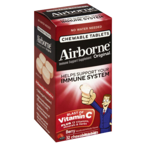 Immune Support Supplement. Naturally and artificially flavored. No water needed. Helps support your immune system. Blast of vitamin C plus 13 vitamins, minerals & herbs. 4 chewable tablets = 1,000 mg of vitamin C; high in antioxidants (vitamins A, C & E); excellent source of zinc & selenium; 350 mg of herbal blend including echinacea & ginger. Great-tasting Airborne Chewable Tablets provide the same immune support ingredients as Airborne Effervescent Tablets. Visit airbornehealth.com to learn more. Gluten free. No preservatives. Health. Hygiene. Home. Recyclable carton. For information call: 1-800-590-9794; www.airbornehealth.com. (These statements have not been evaluated by the Food and Drug Administration. This product is not intended to diagnose, treat, cure or prevent any disease).