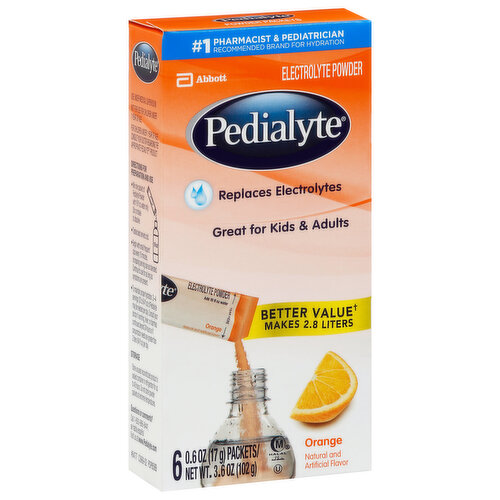 No. 1 Pharmacist & pediatrician recommended brand for hydration. Replaces electrolytes. Great for kids & adults. Better value (versus Pedialyte liquid liters) makes 2.8 liters. Designed for fast, effective rehydration. Pedialyte is designed to prevent dehydration (For mild to moderate dehydration) more effectively than common beverages. Level per Liter: Pedialyte Advanced Care Plus. Electrolyte sodium in Pedialyte compared to common beverage. Pedialyte Advanced Care Plus quickly replenishes fluids and is formulated to replace more of the electrolytes you may lose from dehydration due to: Vomiting & diarrhea; Heat exhaustion; Intense exercise; Travel.