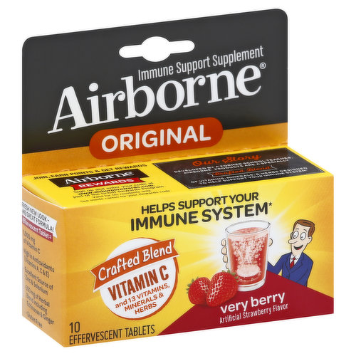 Immune Support Supplement. Artificial strawberry flavor. Vitamin C and 13 vitamins, minerals & herbs. 1 Effervescent Tablet = 1,000 mg of vitamin C; high in antioxidants (vitamins A, C & E); excellent source of zinc & selenium; 350 mg of herbal blend including echinacea & ginger; gluten free. Helps support your immune system. Crafted blend. Our Story: Developed by a former school teacher, airborne products are a specially. Crafted blend of vitamins, mineral, & herbs designed to help support your immune system. health. Hygiene. Home. Fresh new look - same great formula! www.airbornehealth.com. Questions? 1-800-526-6251 www.airbornehealth.com. Join, earn points & get rewards. Airborne Rewards: Sign up and enter your code at www.airbornerewards.com, part of the Schiff Rewards Program. Valid for US residents only. See inside carton for your Rewards code. (This statement has not been evaluated by the Food and Drug Administration. This product is not intended to diagnose, treat, cure or prevent any disease.)