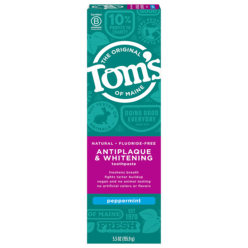 Get squeaky clean teeth with Tom's of Maine Fluoride-Free Antiplaque & Whitening Toothpaste. This fluoride-free toothpaste uses naturally derived ingredients to help prevent tartar buildup and remove surface stains. Plus, the natural Peppermint flavor will make you look forward to brushing. Now that's fresh.
