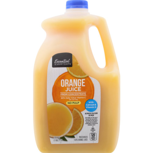 120 calories per 8 fl oz serving. 90% Daily Value Vitamin C per serving. With calcium & vitamin D. As much calcium as milk. 23% more of the daily value for calcium & 15% more of the daily value for vitamin D compared to regular orange juice. % Daily Value of Calcium: Calcium Fortified Orange Juice (30%), Milk (30%), Regular Orange Juice (2%). % Daily Value of Vitamin D: Vitamin D Fortified Orange Juice (25%), Milk (25%), Regular Orange Juice (0%). From concentrate. Pasteurized. 100% orange juice. 100% juice. From concentrate with calcium & vitamin D. www.essentialeveryday.com. Contact us at www.essentialeveryday.com or 1-877-932-7948. Contains orange juice concentrate from USA, Brazil and Mexico.