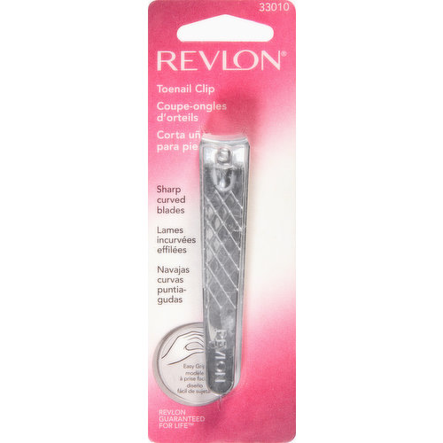 Sharp curved blades. Easy grip. The toenail clipper with file. Curved blades for safe trimming and shaping. With foldaway file. Revlon guaranteed for life. Revlon lifetime guarantee against manufacturing defects. Revlon will replace with same or similar tool at no charge if implement fails due to defective material or workmanship. To Return: Pack in a padded envelope, describe defect & mail, insured, to Revlon allow about 4-6 weeks for return. Guarantee void if implement is abused or rusted. revlon.com. Card made of 100% recycled paper. 30% post consumer content. Made in China
