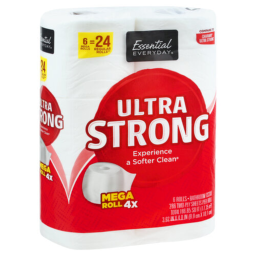 286 two-ply sheets per roll. Total 186.85 sq ft (17.35 sq m). 3.92 in x 4.0 in (9.9 cm x 10.1 cm). 6 mega rolls = 24 regular rolls (based on number of sheets). The ultimate softness. Mega roll 4x. Compare to Charmin Ultra Soft (Charmin Ultra Soft is a registered trademark of the Procter & Gamble Corporation. This product is not manufactured or made under the authorization of Procter & Gamble or one of its subsidiaries). Great products at a price you'll love - that's Essential Everyday. Our goal is to provide the products your family wants at a substantial savings versus comparable brands. We're so confident that you'll love Essential Everyday, we stand behind our products with a 100% satisfaction guarantee. Essential Everyday Ultra Soft Bathroom Tissue is ultra thick and ultra soft for ultimate softness. Our Bathroom Tissue contains no inks, dyes, or perfumes. Safe for septic and sewer systems. Septic safe. 100% Quality Guaranteed: Like it or let us make it right. That's our quality promise. essentialeveryday.com. Sustainable Forestry Initiative: Certified sourcing. www.sfiprogram.org. Made in USA from domestic and imported materials.
