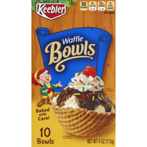 Baked with care! Per Bowl: 50 calories; 0 g sat fat (0% DV); 20 mg sodium (1% DV); 4 g total sugars. Great with fruit! Treat yourself to one of our delicious Keebler cones! Questions or comments? Visit: keebler.com. Call: 1-877-453-5837. Provide production code on package. Certified 100% recycled paperboard. how2recycle.info.