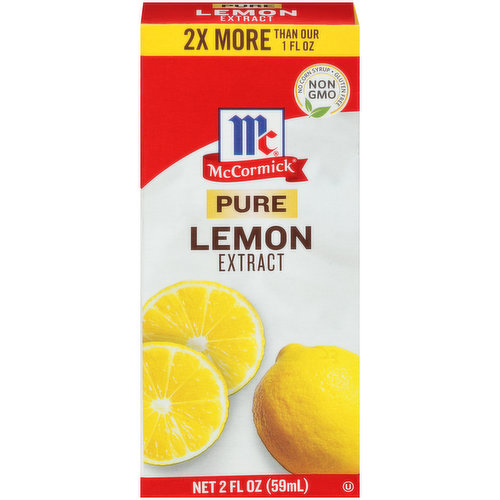 Providing the perfect citrusy lemon flavor to enhance all your favorite recipes, McCormick Pure Lemon Extract is a staple for creating a variety of baked goods. Part of our wide range of extracts, this powerful flavoring is gluten free, non-GMO, and has no corn syrup.
