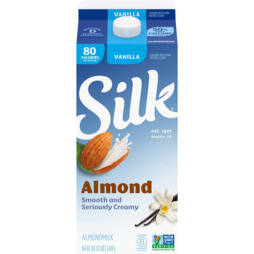 Silk Silk Almond Milk, Vanilla, Dairy Free, Gluten Free, Seriously Creamy Vegan Milk with 50% More Calcium than Dairy Milk, 64 FL OZ Half Gallon