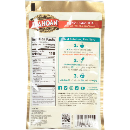 Idahoan mashed potatoes nutritional information hotsell