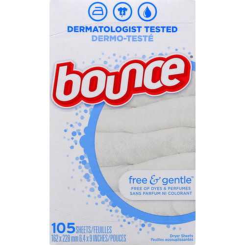 Dermatologist tested. Free of dyes & perfumes. 162 x 228 mm 6.4 x 9 inches. Toss away wrinkles & static. Get fresh & soft. 1 Sheet = Regular loads. 2 Sheets = Large loads & HE full loads. bouncefresh.com. bouncefresh.ca. Questions? Information? Call toll-free (in US and Canada): 1-800-5-BOUNCE; 1-800-526-8623. Oh hi there, thanks for doing your part on recycling day. In part because of you, we can continue to make this box from 100% recycled paper (35% post consumer). Fabricated in Canada.
