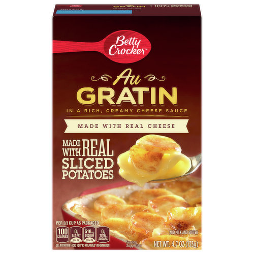 Generations of families have enjoyed the classic taste of Betty Crocker Au Gratin Potatoes. Cooked in a creamy sauce and seasoned to perfection, these 100% American grown potatoes make a perfect side dish for any family meal. They're quick, easy and always a hit. Keep Betty Crocker Au Gratin Potatoes on hand for any occasion.

For more than a century, Betty Crocker has been a popular creator of  easy, delicious recipes. Today, the Betty Crocker kitchen is still providing convenient, tasty dessert mixes, frostings, and convenient meal options and side dishes. And today, you can still find that same simple goodness — those same products you grew up with — on grocery shelves around the world.