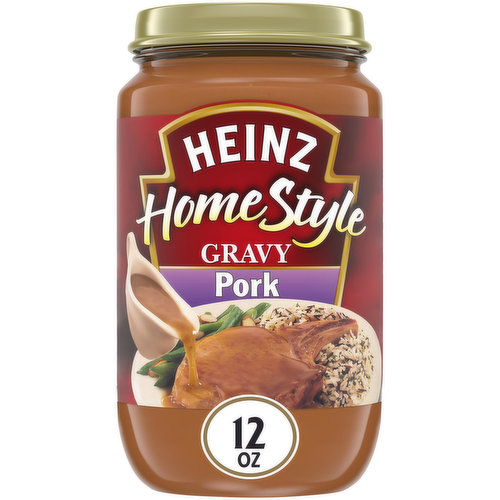 Heinz HomeStyle Pork Gravy enhances your family's favorite meals with classic pork flavor. This tasty gravy is made with real ingredients, including pork stock and pieces of cooked pork to deliver the smooth texture and tangy taste you love. This pork gravy contains no preservatives. Use this homestyle gravy to make any meat and potatoes family dinner more enjoyable. Pour this delicious gravy over mashed potatoes, serve it alongside pork roast, pour it over stuffed pork chops or add some extra flavor to pork tenderloin. Simply microwave the gravy in a microwave-safe container for about 3 minutes for easy heating. Refrigerate each 12 ounce jar of Heinz HomeStyle Pork Gravy after opening.