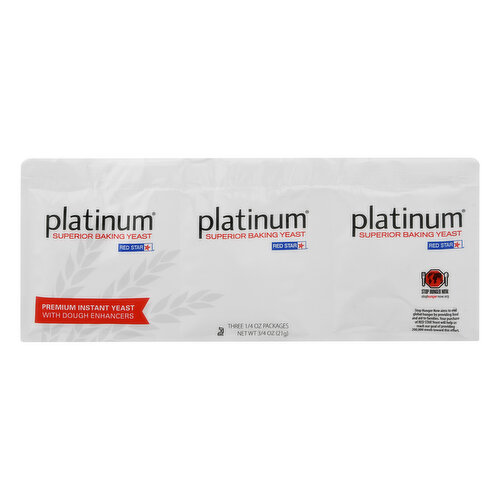 Premium instant yeast with dough enhancers. Guaranteed Performance: Bake with red star. Platinum Superior Baking Yeast for professional results every time. Red Star. www.redstartyeast.com. Facebook. Pinterest. Instagram. Twitter. YouTube. Stop Hunger Now. Stophungernow.org. Stop Hunger Now aims to end global hunger by providing food and aid to families. Your purchase of Red Star yeast will help us reach our goal of providing 200,000 meals toward this effort. Product of USA.