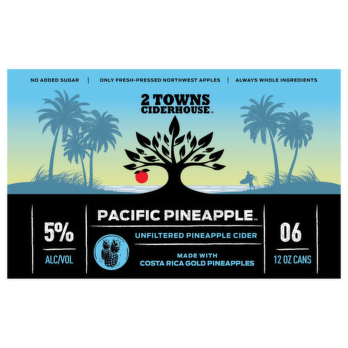 2 Towns Ciderhouse Pacific Pineapple Cider. Unfiltered, Pineapple, 6 Pack