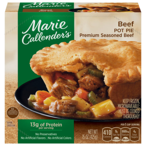 Warm up with a delicious, comforting Marie Callender's Beef Pot Pie. Made with premium seasoned beef, savory vegetables, and made-from-scratch gravy - all wrapped in a golden, flaky crust. With 13 g protein per serving, and no preservatives, artificial colors, or artificial flavors, this convenient meal can be microwaved or heated in the oven. Enjoy this warm, hearty, and delicious comfort food today.