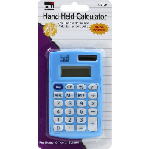 Dual power. CLI Hand Held Calculator features: 8 digit display. Dual power (solar/battery). Mercury free battery. Full memory function. Non-slip rubber keys. For home, office or school. Quality for over 70 years. Charles Leonard products mean quality be sure to ask for additional Charles Leonard products. www.charlesleonard.com. Made in China.