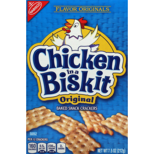 Per 12 Crackers: 160 calories; 0.5 g sat fat (3% DV); 230 mg sodium (10% DV); 2 g sugars. Chicken in a biskit. Flavor originals. Create some fun at snack time! With easy cheese and your favorite Nabisco crackers. This package is sold by weight, not by volume. If it does not appear full when opened, it is because contents have settled during shipping and handling. SmartLabel. Visit us at: snackworks.com or call weekdays: 1-800-622-4726 please have package available. Looking for crackers with a great cheese taste? Try Ritz bits cracker sandwiches or cheese nips. Keep it going. 100% recycled paperboard. Please recycle this carton. Minimum 35% post-consumer content.
