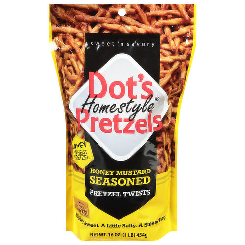 Honey wheat pretzel. Sweet 'n savory. Velva, North Dakota. Slightly sweet. A little salty. A subtle tang. An Unexpected Start: Dot's Homestyle Pretzels are a special family snack created many years ago by Dot herself in her home kitchen. With bakeries located in North Dakota, Arizona and Kansas, we strive to grow our pretzel brand far enough so anyone who would like to enjoy them, can! Dot's pretzels is a proud member of the pride of Dakota brand. Pride of Dakota North Dakota originals.