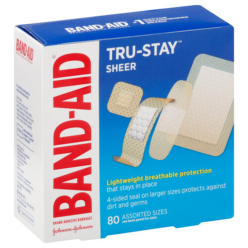 Actual Sizes: 30 - 3/4 in x 3 in (1.9 cm x 7.6 cm). 2 - 2-1/4 in x 3 in (5.7 x 7.6 cm). 34 - 5/8 in x 2 - 1/4 in (1.5 cm x 5.7 cm). 14 - 7/8 in x 7/8 in (2.2 cm x 2.2 cm). Brand adhesive bandages. Lightweight breathable protection that stays in place. 4-sided seal on larger sizes protects against dirt and germs. No. 1 doctor recommended brand. Stays put so you don't have to. Tri-Ply Backing: With unique adhesive for real staying power. Quilt-aid Comfort Pad: Designed to cushion painful wounds while you heal. The makers of Band-Aid Brand Adhesive Bandages do not manufacture store brand products. Sterile unless individual wrapper is opened or damaged. Heals the Hurt Faster: Covering wounds can help protect you against dirt and germs that may cause infection. Trusted protection for your healing wounds. Not made with natural rubber latex. www.band-aid.com. 866-565-2873; Outside US, dial collect 215-273-8755. Care to recycle. Made in Brazil.
