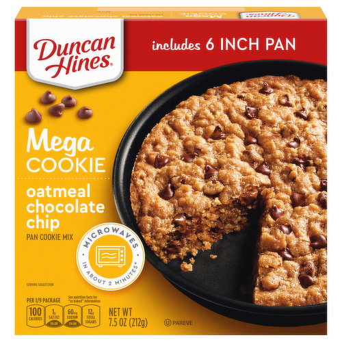 Per 1/9 Package: 100 calories; 1 g sat fat (5% DV); 60 mg sodium (3% DV); 12 g total sugars. See nutrition facts for as baked information. Includes 6 inch pan. Soft & chewy & warm & delicious! www.duncanhines.com. how2recycle.info. SmartLabel: Scan for more food information. Questions or comments, visit us at www.duncanhines.com or call Mon.-Fri., 1-800-362-9834 (except national holidays). Please have entire package available when you call so we may gather information off the label. For more delicious inspiration, go to duncanhines.com USA