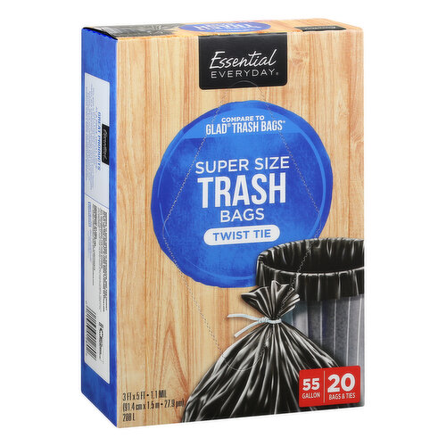 Essential Everyday Trash Bags, Twist Tie, Super Size, 55 Gallon