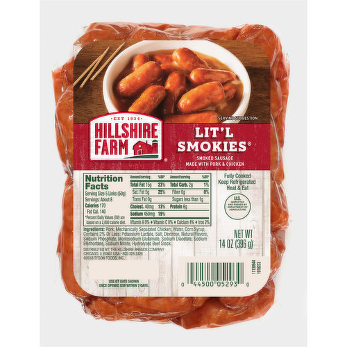 Whether you’re crafting an appetizer for a party or looking for a savory bite to eat, Hillshire Farm Lit’l Smokies Smoked Sausages are the perfect snack. Perfectly seasoned and smoked to perfection, these delicious sausages are fully cooked, ready in minutes and bursting with flavor. For a fun, crowd pleasing snack the whole family can enjoy, serve these delicious sausages with your favorite dipping sauce or wrap in a puff pastry and bake. Includes one 14 oz package of Hillshire Farm Lit'l Smokies Smoked Sausage. Hard work. Dedication. Integrity. These are the values we live by—and the ingredients we put into every package of Hillshire Farm Smoked Sausages. Since 1934, the Hillshire Farm Brand has stood for the honest, carefully crafted meats your family loves, made with the ingredients they deserve. And we’re confident you’ll taste our commitment to quality in every bite.