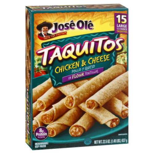 In flour tortillas. 8 g protein per serving. Taste the fiesta. New improved recipe. Microwavable. Inspected for wholesomeness by US Department of Agriculture. joseole.com. Visit us at joseole.com. For more information call us at 1-877-653-2181 toll free. Please have this package available.