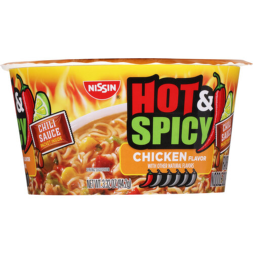 Nissin Hot and Spicy Bowl Noodles Chicken, 3.32 Ounce (Pack of 12)