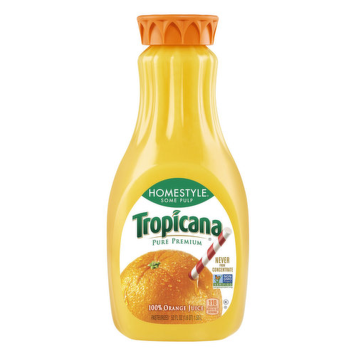 110 calories per 8 fl oz serving. Non GMO Project verified. nongmoproject.org. Pure premium. Never from concentrate. Pasteurized. Some pulp. Question or comments? Call 1-800-237-7799. Visit Tropicana.com for more nutrition information. Please recycle. Contains orange juice from US and Brazil.