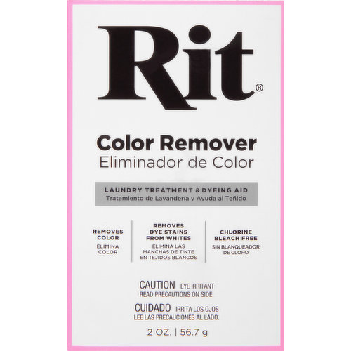 Removes color. Removes dye stains from whites. Chlorine free. Bleach free. RIT color remover works best on: cotton; linen; wool; rayon; ramie. Not recommended for polyester or blue denim. For Dye Projects: Removes or reduces existing fabric color prior to dyeing when trying to change the color of fabric from one color to another. Pretreats faded, discolored and stained fabric prior to dyeing. Removes dye from fabric dyed incorrectly. For Dye Stains: Removes dye stains from white fabric washed by mistake with colored items. For Food Stains: Removes food stains from white fabric, such as fruit juice, ketchup and tea. Works with all washing machines, including high-efficiency. Note: Multiple packages needed to remove color in a washing machine. Small Loads: 2 packages. Large Loads: 3 packages. Extra-Large Loads: 4 packages. Conforms to ASTM D-4236. ritdye.com.  For more information and step-by-step tutorials, visit ritdye.com. Made in the U.S.A. of U.S. & imported materials.