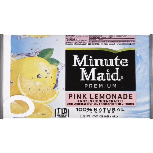 Made with real lemons. A good source of vitamin c. 100% natural flavors. Per 8 fl oz Prepared: 110 calories. www.minutemaid.com. 16% juice blend. Product of Canada.