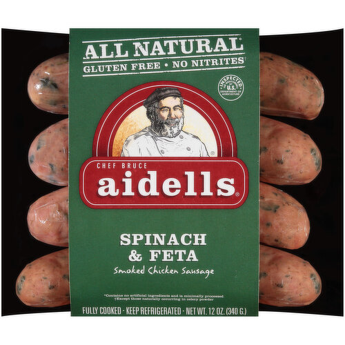 AIDELLS Smoked Chicken Sausage, Spinach & Feta, 12 oz. (4 Fully Cooked Links)