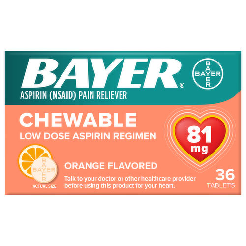 Bayer Aspirin, Low Dose, Orange Flavored, 81 mg, Chewable, Tablets