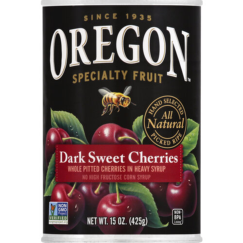 Whole pitted cherries in heavy syup. Non GMO Project verified. nongmoproject.org. Since 1935. Specialty fruit, All natural. Hand selected. All natural picked ripe. No high fructose corn syrup. Our Specialty Fruit is picked ripe from the branch at the peak of the season in our grower's orchards. We capture the taste and appearance that nature delivers by hand selecting each piece of fruit that reaches you. We never add anything artificial - trusting the pure goodness of our natural fruit to inspire. Our Dark Sweet Cherries with juicy flavor. With rich sweetness and touch of vibrant tang, these fleshy, Dark Sweet Cherries are wonderful for pes and cobblers. But don't stop there - try them with roasted meats, sauces or eat them right from the spoon like we do. www.oregonfruit.com. Find recipes and fruit inspiration at: www.oregonfruit.com. Non-BPA Lining (This can was produced without BPA Lining). Product USA.