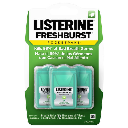 Kills 99% (In lab tests) of bad breath germs.  Questions? 888-222-0192; Outside US, dial collect 215-273-8755. Listerine Pocketpaks are also available in Cool Mint, Cool Heat & Arctic Berry flavors. Also try Listerine Pocketmist in Cool Mint & Freshburst.