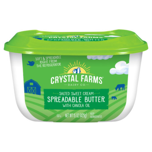 Soft & spreadable right from the refrigerator. Crystal Farms Dairy Company spreadable butter with canola oil is made with real grade AA butter, and is deliciously spreadable right from the refrigerator. Spread a little joy.