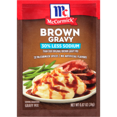 Perfect for holiday and everyday meals, this smooth, hearty gravy is delicious served over roast beef, prime rib, mashed potatoes, stuffing and hot beef sandwiches. Made with McCormick herbs and spices, it contains 30% less sodium than our original brown gravy mix. McCormick Less Sodium Brown Gravy Seasoning Mix is so easy to prepare ̶ just mix 1 package with a cup of water and simmer for 1 minute for a rich and savory make-ahead brown gravy. This mix contains no added MSG* or artificial flavors, so you can pour it over mom's famous meatloaf or mashed potatoes knowing you're serving your family the very best. Our Brown Gravy Seasoning Mix also makes a great meal starter for pot roast, casseroles and beef stew. *except those naturally occurring glutamates