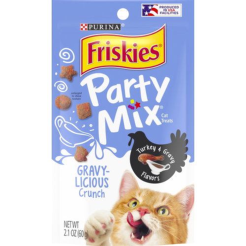 Calorie Content (calculated)(ME): 3889 kcal/kg, 1.4 kcal/piece. Turkey & gravy flavors. Under 2 calories per treat. For a party-starting mix of yum! Flavors of turkey & gravy, it’s the tasty crunch of party mix. Crunchy texture. Helps clean teeth. Purina.com. Produced in USA facilities.