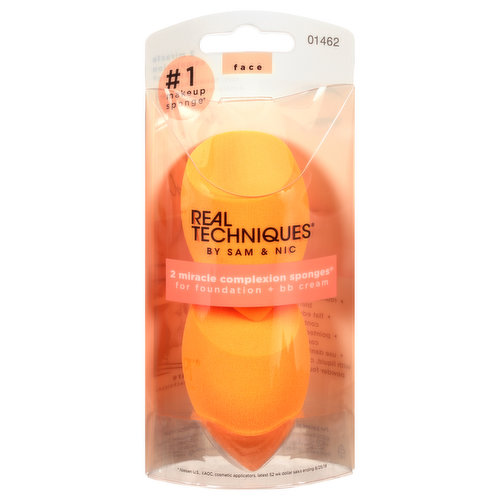 No. 1 makeup sponge (Nielsen U.S, XAOC, cosmetic applicators, latest 52 wk dollar sales ending 8/25/18). Soft, flexible foam covers evenly for a flawless finish. Dab. Buff. Blend. Rounded side for blending. Flat edge for contouring. Pointed tip for concealing. Use or dry with liquid, cream or powder foundation. Inspire + share. Instagram. Facebook. Twitter. Snapchat. youtube.com/realtechniques. Made in China.