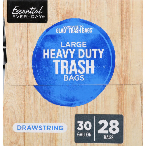 Essential Everyday Trash Bags, Large, Drawstring, Heavy Duty, 30 Gallon - 28 bags