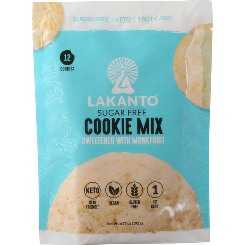 Sweetened with monkfruit. 1 net carb (Net Carbs: Subract fiber and sugar alcohols from total carbohydrates). Sugar free. Keto. Keto friendly. Vegan. Gluten free. Finally, a Sugarless Sugar Cookie: Wishing there was an equally delicious sugar-free alternative to the popular sugar cookie? Say hello to Lakanto's Sugar Free Cookie Mix, sweetened with Lakanto Monkfruit Sweetener. This keto-friendly cookie mix is gluten-free, vegan, and only contains 1 net carb. Now you don't have to sacrifice your favorite sweets or compromise your health goals. So go ahead, make you favorite cookies. Over a Thousand Years Ago: In the remote mountain highlands of Asia, a group of Buddhist monks called the Luohan achieved enlightenment and ascension through meditation and pure living. The monks discovered a rare superfood prized for its sweetness and its ability to raise chi, or life energy. This sacred fruit was named monk fruit and was used for centuries to increase chi and well-being, earning it the nickname The Immortals Fruit. We still harvest monk fruit for Lakanto in the same pristine area according to traditional and environmental methods. Discover Your Chi: Lakanto's mission is to bring chi to life by inspiring people to reach their highest potential in health and wellness and by creating products that are innovative, delicious, natural, nutritious, sugar-free, and healthy. Lakanto.com. Facebook. Twitter. Instagram. Pinterest. lakanto.com. (hashtag)sweetresponsibly. (hashtag)discoveryourchi. For news, stories, recipes, and inspiration visit Lakanto.com. Packaged in the USA.