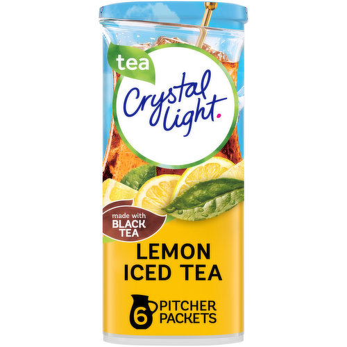 Crystal Light Naturally Flavored Lemon Iced Tea Powdered Drink Mix is a refreshing beverage you can enjoy at any time of day. With zero grams of sugar and 5 calories per serving, Crystal Light is a sweet alternative to juice and soda and has 90 percent fewer calories than leading beverages (this product 5 calories, leading beverages 70 calories), so you don't have to choose between taste and calories. It's also made with real black tea for a refreshingly smooth taste. Each pitcher packet of powdered iced tea mix in this 6 count canister is perfectly portioned to make 2 quarts or 1 pitcher of Crystal Light, so there's plenty to share with family and friends. Simply mix one packet with 8 cups or 2 quarts of water, stir, and enjoy! All the flavor and only 5 calories, just the way you like it.