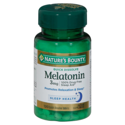 100% drug free sleep aid. Promotes relaxation & sleep. Sleep health. Clinically studied ingredient. Natural cherry flavor. Guaranteed quality. Laboratory tested. Nature's Bounty quick dissolve melatonin helps you fall asleep faster so you can awaken refreshed and revitalized. Melatonin is an excellent choice for people experiencing occasional sleeplessness.