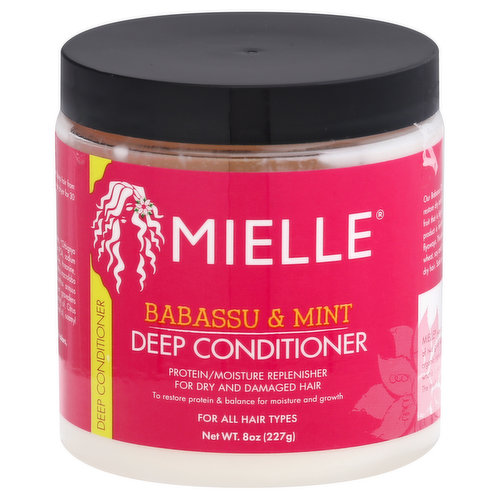 Protein/moisture replenisher for dry and damaged hair. To restore protein & balance for moisture and growth. For all hair types. our babassu oil mint deep conditioner infuses hair with protein and moisture to restore dry and damaged hair. Babassu oil is derived from an amazonian palm fruit that is high in sterols and tocopherols to improved hair and scalp health. Our product is enriched with fatty acids and natural oils that helps reduce frizz and flyaways. This deep penetrating conditioner is made with complex amino acids from wheat, soy and other natural ingredients that helps restore moisture to damaged and dry hair. Safe to use on color treated hair. Made with certified organic ingredients. Our story: Mielle was created by Monique Rodriguez, a registered nurse, wife and mother of two girls who desired to share her healthy hair journey using products with organic ingredients to achieve amazing results. She knew the importance of knowing what is in your products and wanted to create healthier options for the whole family. The result is a brand that delivers to you natural and effective products. No parabens, no sulfates, no paraffins, no mineral oil, no synthetic colors, no DEA, No animal testing. Made in the USA.
